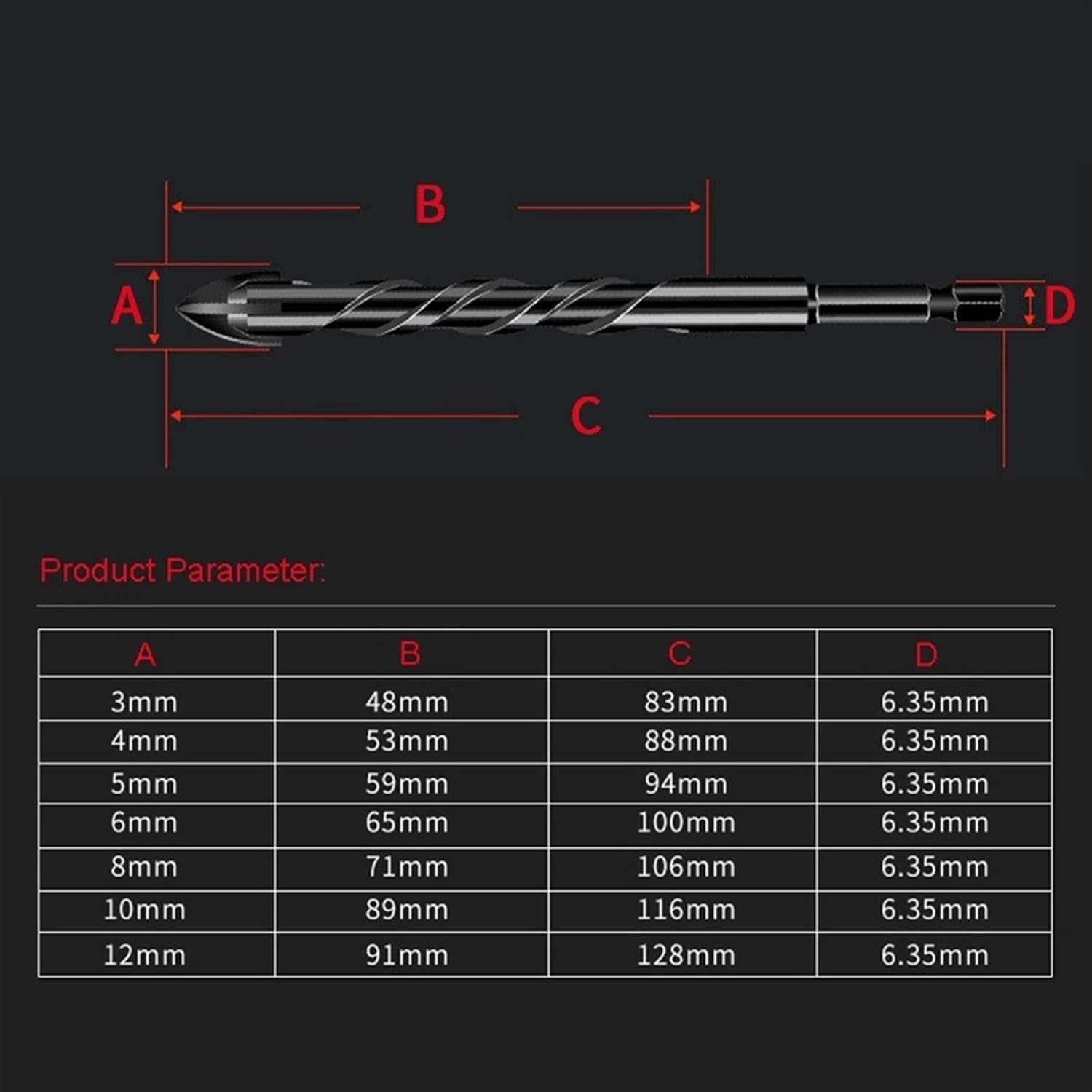 Cross Hex Tile Drill Bits Glass Ceramic Concrete Hole Opener 4 Blades Carbide Tip Twist Drill Bit 3/4/5/6/8/10/12mm 1Pcs (Size : 4mm)