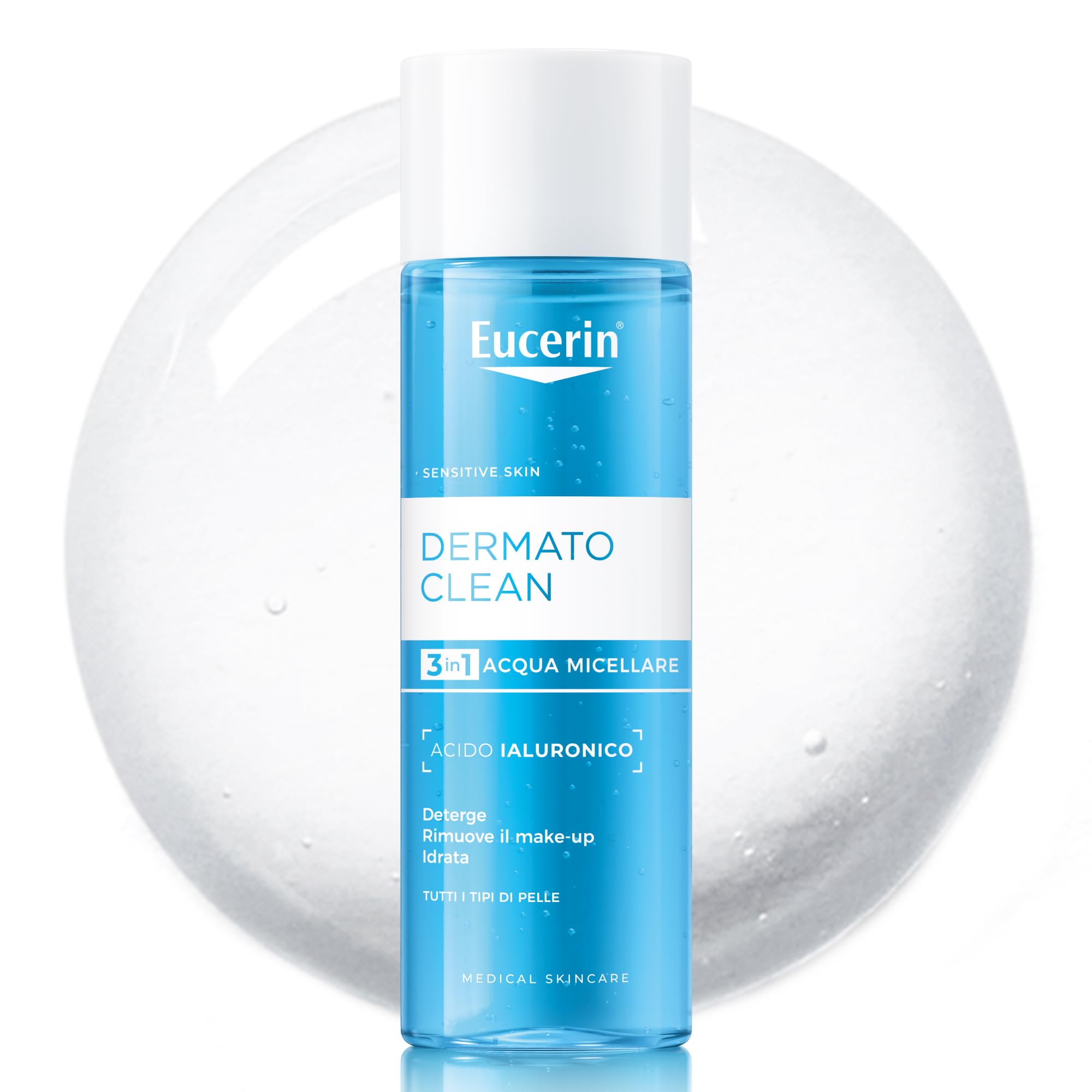 Eucerin DermatoClean Acqua Micellare 3in1 200 ml, Detergente viso struccante viso e occhi per make-up waterproof, Con Acido Ialuronico, Senza profumo, Per tutti i tipi di pelle, anche sensibile