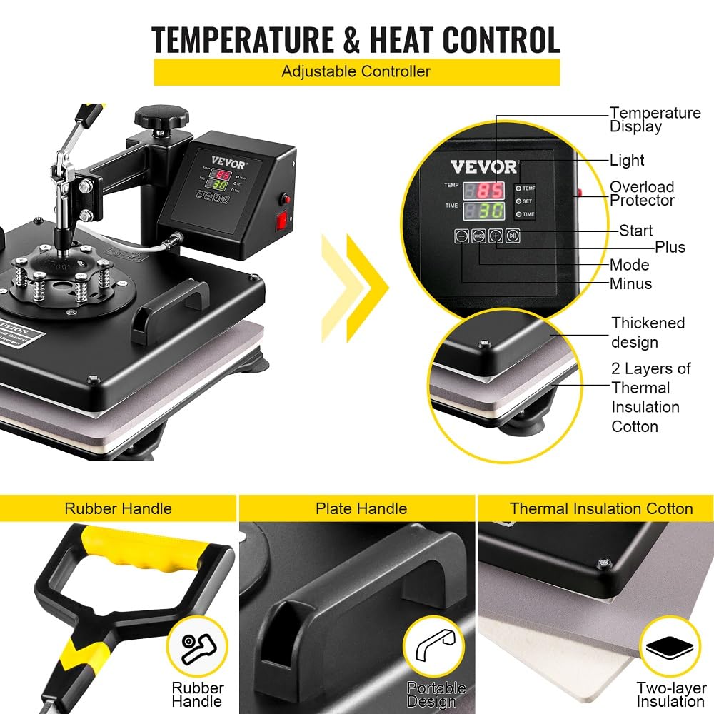 VEVOR Presse de la Chaleur 5 en 1 38 x 38 cm Machine de Presse à Chaud Heat Press Machine Swing Design Sublimation Thermique pour Plaque Mug Tasse Chapeau T-Shirt