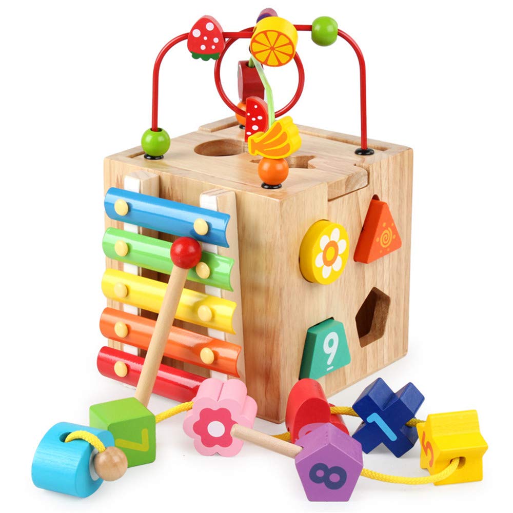 Wooden Activity Cube Toy, TechCode Baby Wooden Toys Kids Multi-Function Shape Sorter Block Colorful Funny Toy Preschool Early Educational Learning Box for Child Kids Boys Girls