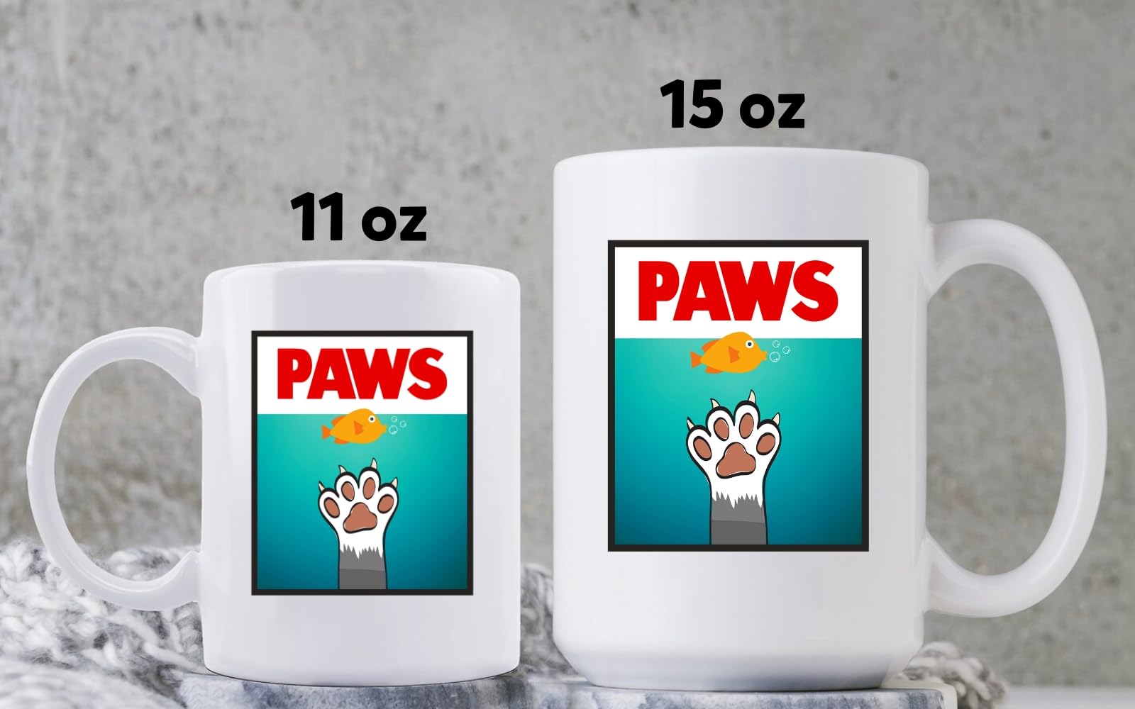 Amazon.com: PAWS Mug JAWS Movie Parody Coffee Cup Classic Movie 80s  Nostalgia Shark Gift Funny Cat Mug (11 oz Mug) : Home & Kitchen