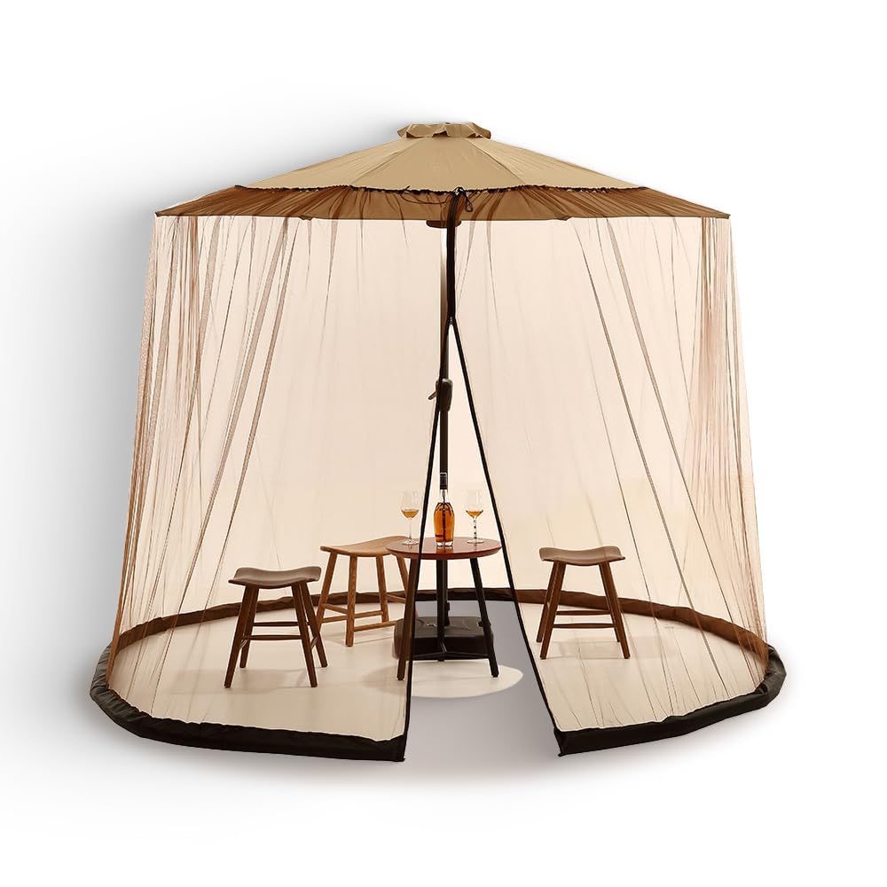 Roman Umbrella Mosquito Net,Outdoor Sunshade Parasol Mosquito Net,10FT-11FT，Brown with Polyester Mesh and Fillable Base, Perfect for Protection from Sun and Mosquitoes in the Garden