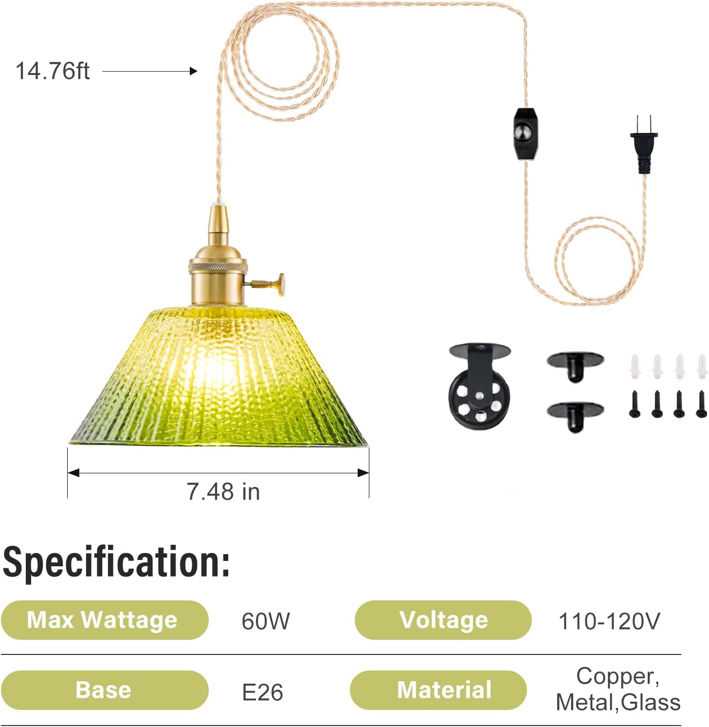 Plug in Pendant Light Vintage, Dimmable Pulley Hanging Lamp with Gradient Green Glass Shade, Brass Hanging Lights with Plug in Cord for Living Room, Compatible with Indoor Plant Grow Light Bulbs