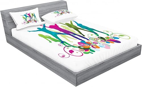 Miniatura 2 de Ambesonne Youth Fitted Sheet & Pillow Sham Set, Dancing Teenagers People Dancing and Jumping Vibrant Silhouettes Floral Border Detail, Decorative
