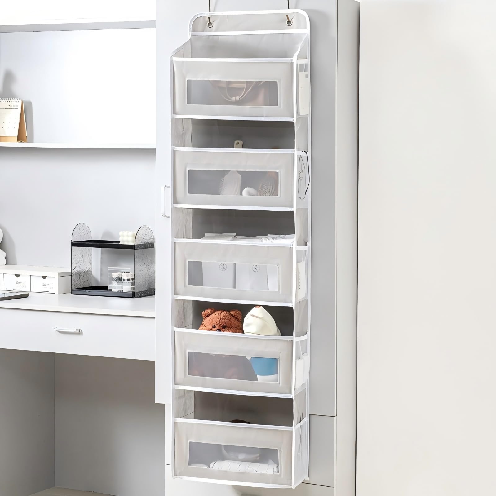 Hoconnie Organiseur de porte à suspendre avec poches transparentes, crochets en métal pour chambre, salle de bain, cuisine, camping-car, (gris clair, 5 poches)