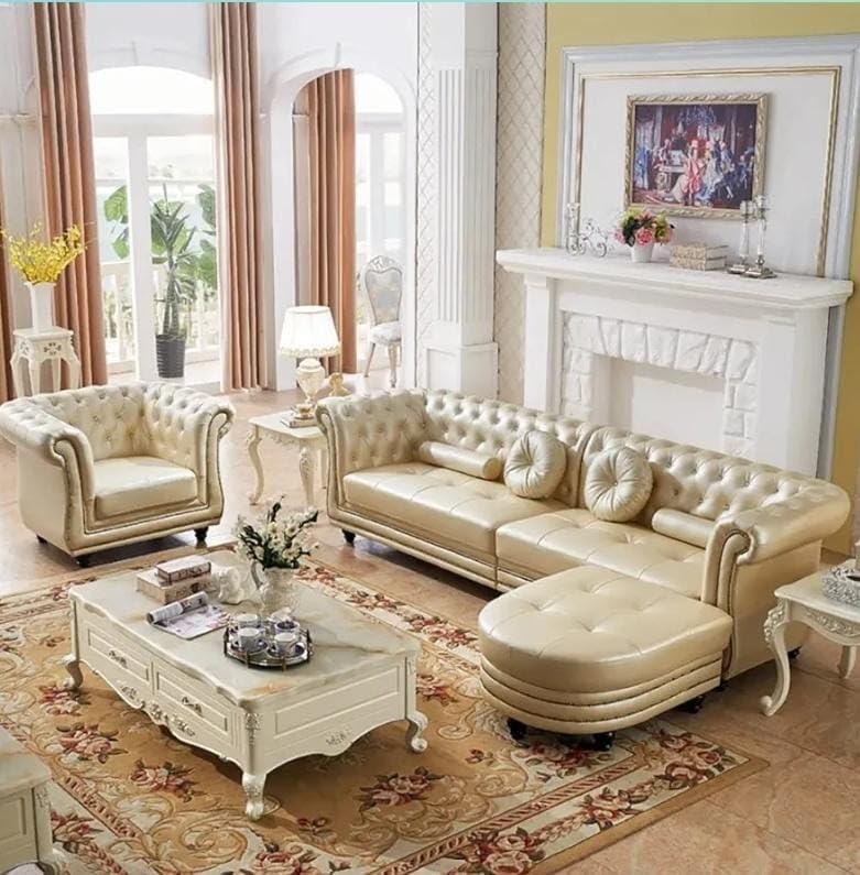Image of Royale Hand Tufted Six (4+1+1) 5- to 6-Person Sofa Elegant Wooden Base Sofa In Wide Extravagant Fabric, Gives Luxurious Look For Home /Living Room /Office /Guest Room /Hotels, White