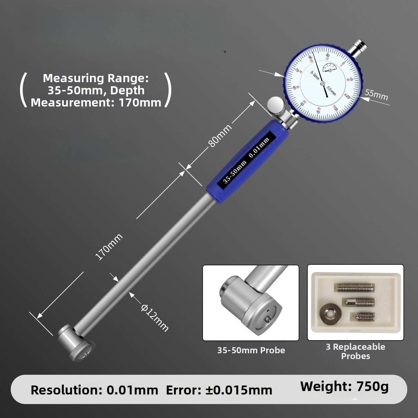 Per indicatore del foro del quadrante progettato per la misurazione di precisione del diametro interno in blocchi motore e cilindri 10-450 mm (35-50 mm)