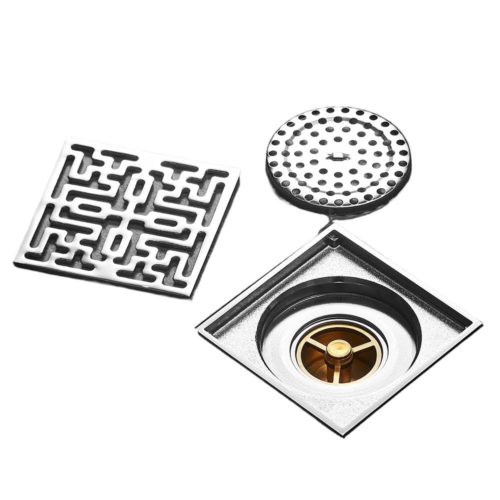 Lkfjnhepf T-Type Floor Drain Floor Drains 10Cm Chrome Square Shower Drain Brass Trap Waste Grate With Hair Strainer Bathroom Accessories(T-Type)