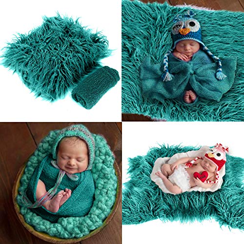 Image of Baby Photography Props Fluffy Blanket + Ripple Wrap Set Newborn Photography Wrap Mat - Dark Green