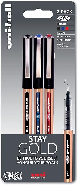 Uni-Ball UB-150-10 Eye On Point Stay Gold Broad Ballpoint Black, Blue and Red Pens. Premium 1.0mm Rollerball Tip for Super Smooth Handwriting. Fade and Water Resistant Liquid Uni Super Ink. Pack of 3