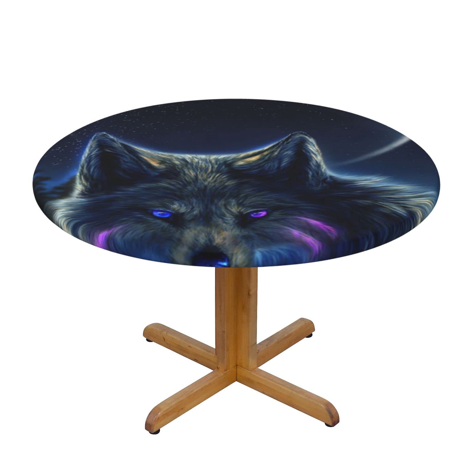 Lsjuee Round Fitted Tablecloth 45-50in Elastic Edged Table Cloth for Kitchen Dining Party Home Decor - Wolf Neon Moon Bright