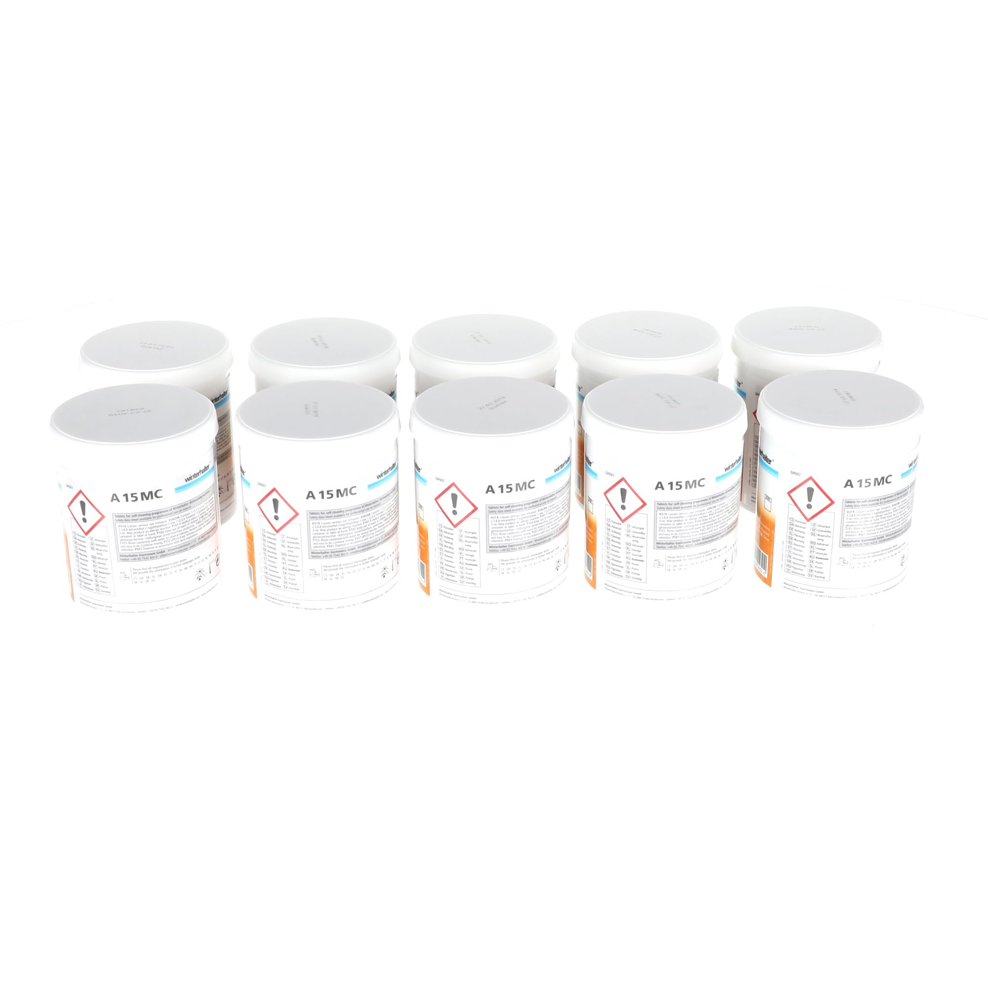 Winterhalter A15 MC Compresse detergenti per lavastoviglie 20006217 –Set convenienza: 10 lattine da 25 compresse detergenti per la ristorazione professionale, rimuove calcare, depositi e odori –A15 MC