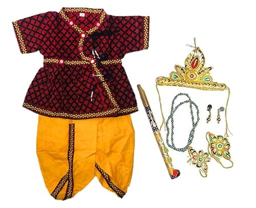 PK HUB Traditional Krishna Dress for Kids  Janmashtami Bal Gopal Costume Set of 7 for Infant Boys  Kurta, Dhoti, Mukut, Mor Pankh, Flute, Patka & Accessories  Kanha Outfit for Festival Wear - 3-6 M