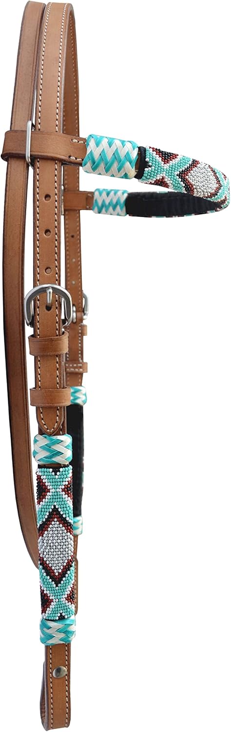 Western Horse Headstall Standard Size – Adjustable Hand Braided Genuine Leather Bridle with Rawhide Knotting, Stitched Accents & Multicolor Beads, Western Riding Tack, Brown