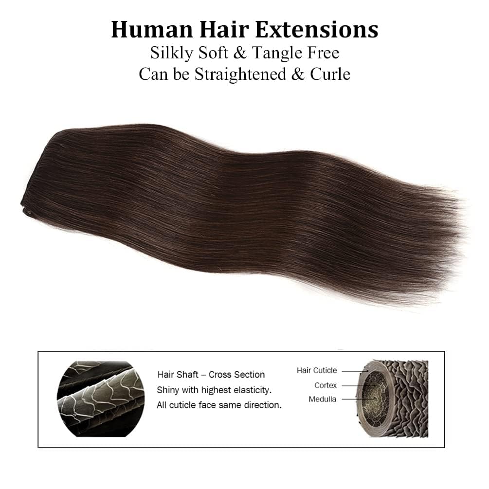 16" Clip in Hair Extensions Remy Human Hair for Women - Silky Straight Human Hair Clip in Extensions 55grams 4pieces Dark Brown #2 Color