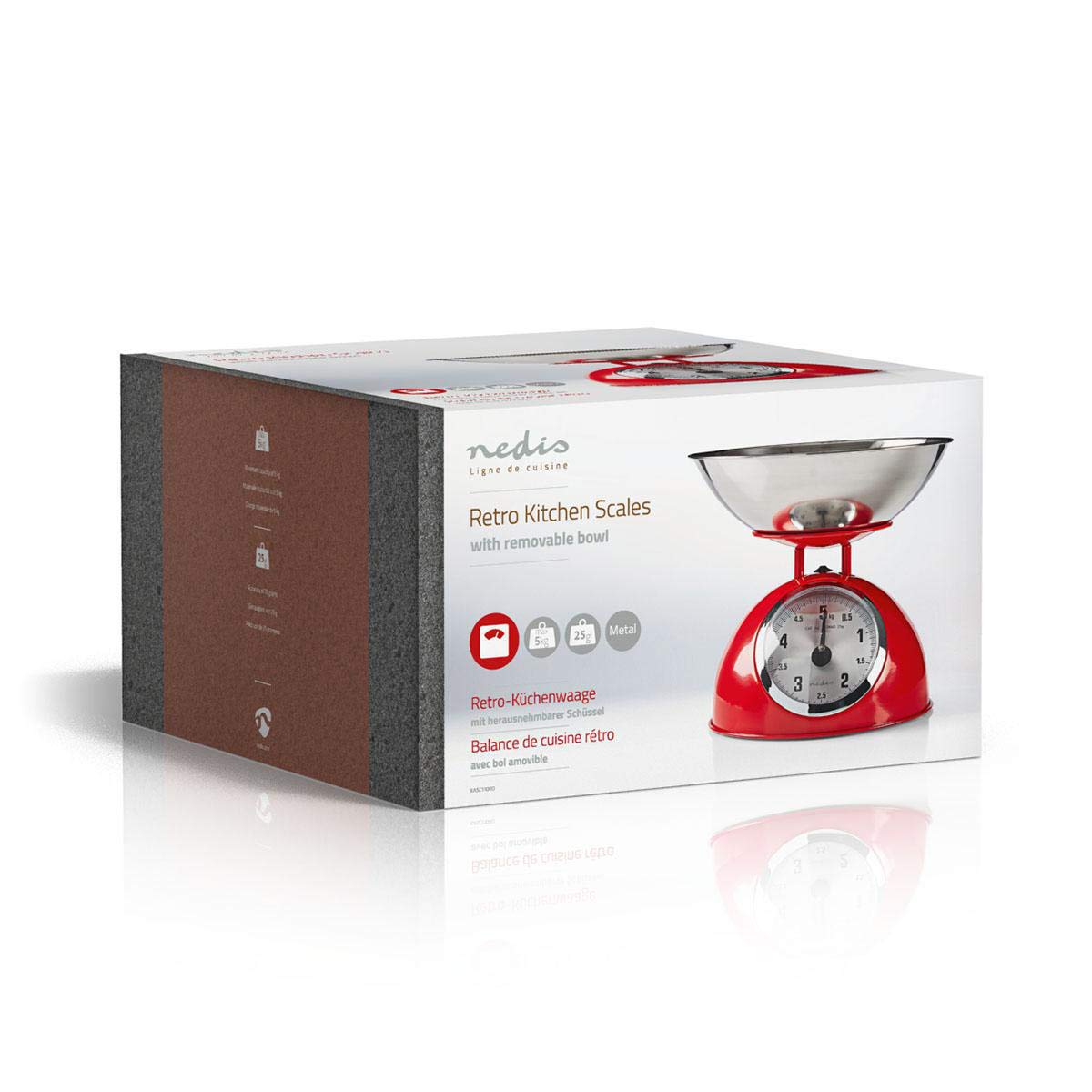Nedis KASC110RD Küchenwaage - Analog - 5 kg Kapazität - Edelstahl - Glänzendes Design - Analog Küchenwaage - Abnehmbare Schale - Leicht zu reinigen - Küchenzubehör - Waage Gramm - Rot