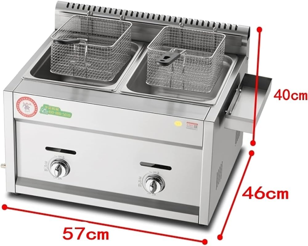 Friggitrice a gas di grande capacità, in acciaio inox, per uso domestico e commerciale, potenza di fuoco regolabile con cestini e coperchi