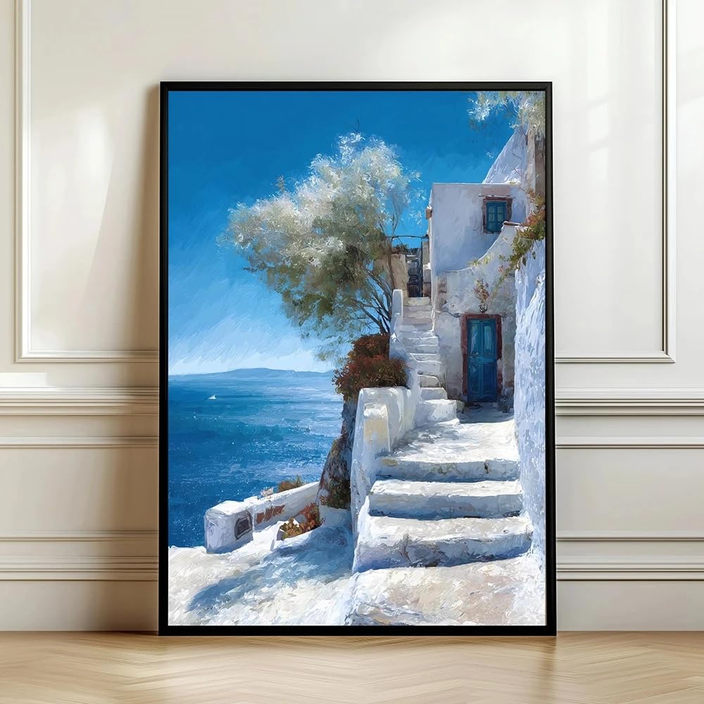 GOSRD Canvas Prints Painting Mediterranean Island Coast Poster. Blue Sea Print, Wall Art Modern Home Living Room Decor(60x80cm/Frameless)