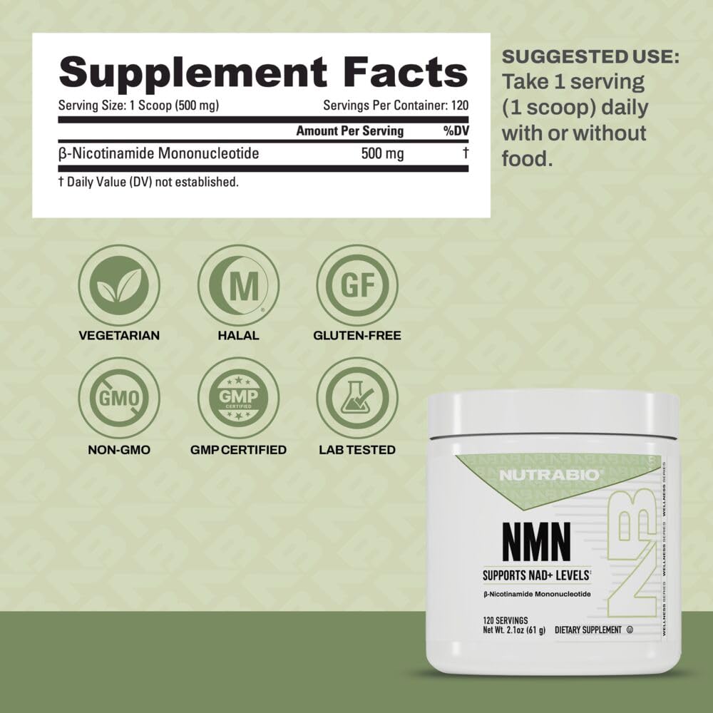 NutraBio NMN - NAD Supplement, Longevity Support, Boost NAD Levels, Increase Cellular Energy, Brain Health, Healthy Aging- 120 Servings — Amazon image 2