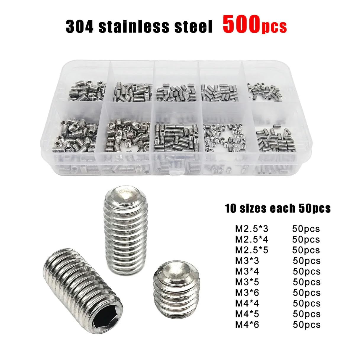 500/1500X M2 M2.5 M3 M4 M5 M6 M8 N916 304 stal szlachetna czarny sześciokątny klucz imbusowy Allen Cup Point Grub Bolt Set Screw Box stal szlachetna 1500 sztuk
