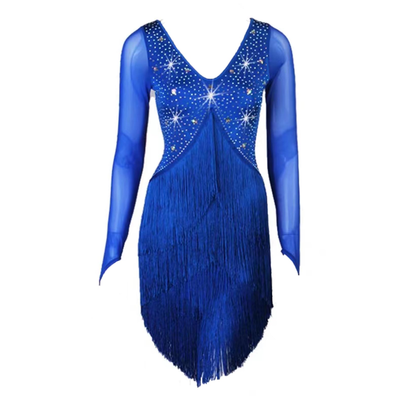 Abiti Latini Professionali per Le Donne Ballo da Sala Performance Costume Frangia Cha Cha Salsa Competizione Dancewear,Sapphire Blue,XL