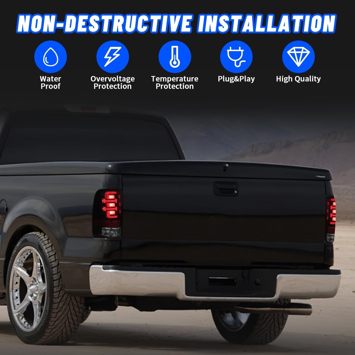 CPW Full LED Tail Lights Compatible With Ford F-150 Styleside Model 2004-2008, LED Tube Bar Rear Light Brake Lamps Pair with LED Sequential Turn Signal(Black Housing/Smoke Lens)