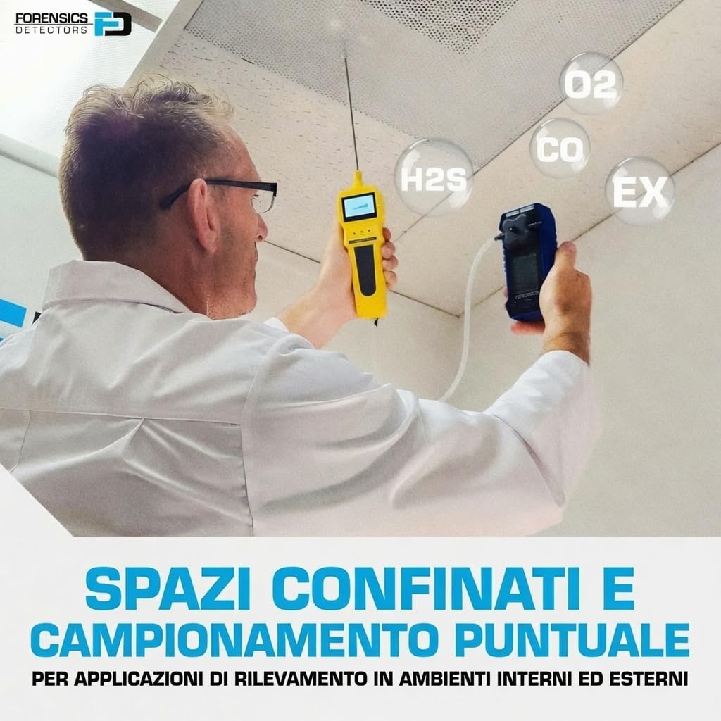 Rilevatore Multigas | Certificato di Calibrazione EU | O2, CO, H2S, LEL | Display a Colori, Grafici e Registrazione Dati | Batteria Li-Ion Ricaricabile |
