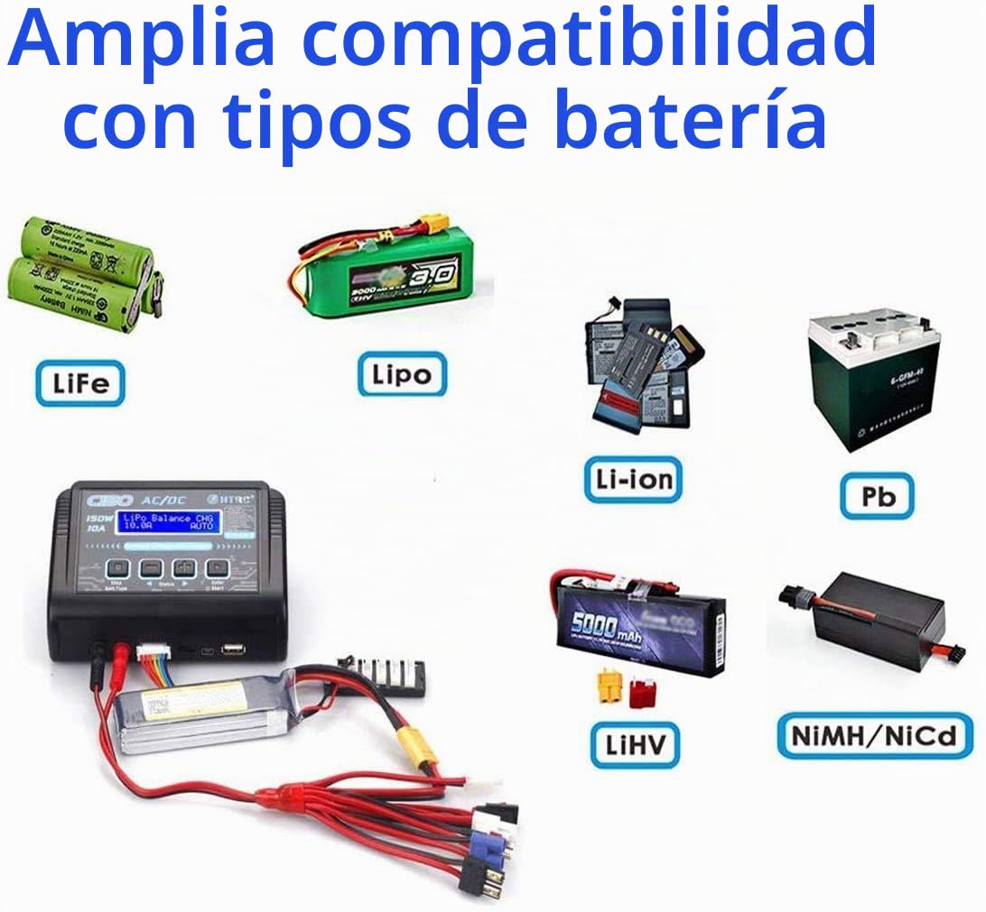 YUNIQUE GREEN-CLEAN-POWER - Cargador y Descargador Equilibrado HTRC C150 LiPo 150W 10A 1-6S AC/DC | Compatible con Baterías de Helicóptero, Drones DJI Mini 2 y Más | Alta Potencia, Negro