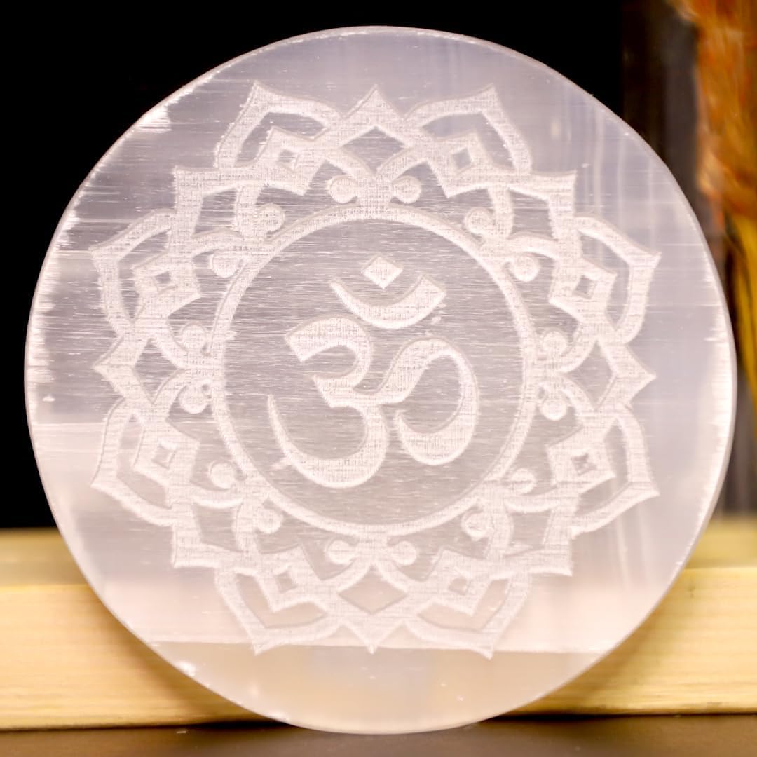 TREE MAISON CORONATING HOMES Treemaison Selenite Charging Plate | 3 Inch |Engraved OM Selenite Plate for Cleansing, Re-Energy Work,Meditation & Pooja |Selenite Plate to Charge Reiki