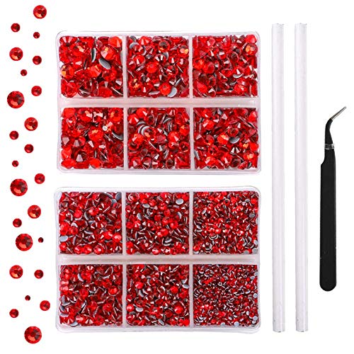 OUTUXED 5040pcs Red Flatback Rhinestones for Crafting, Crystal Round Gems for Nail Art DIY, Halloween Clothes Bags, 6 Mixed Size Hotfix With Tweezers and Picking Pen