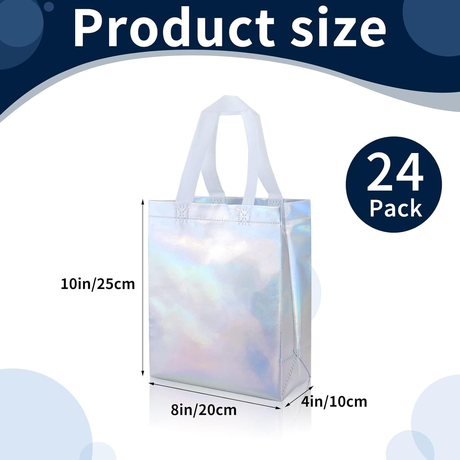 24 Pack Holographic Gift Bags With White Handles Non Woven Reusable Handled Gift Bags Iridescent Tote Bags Glossy Welcome Bags for Shopping Birthday Party Wedding, 8 x 4 x 10 Inch - Image 2