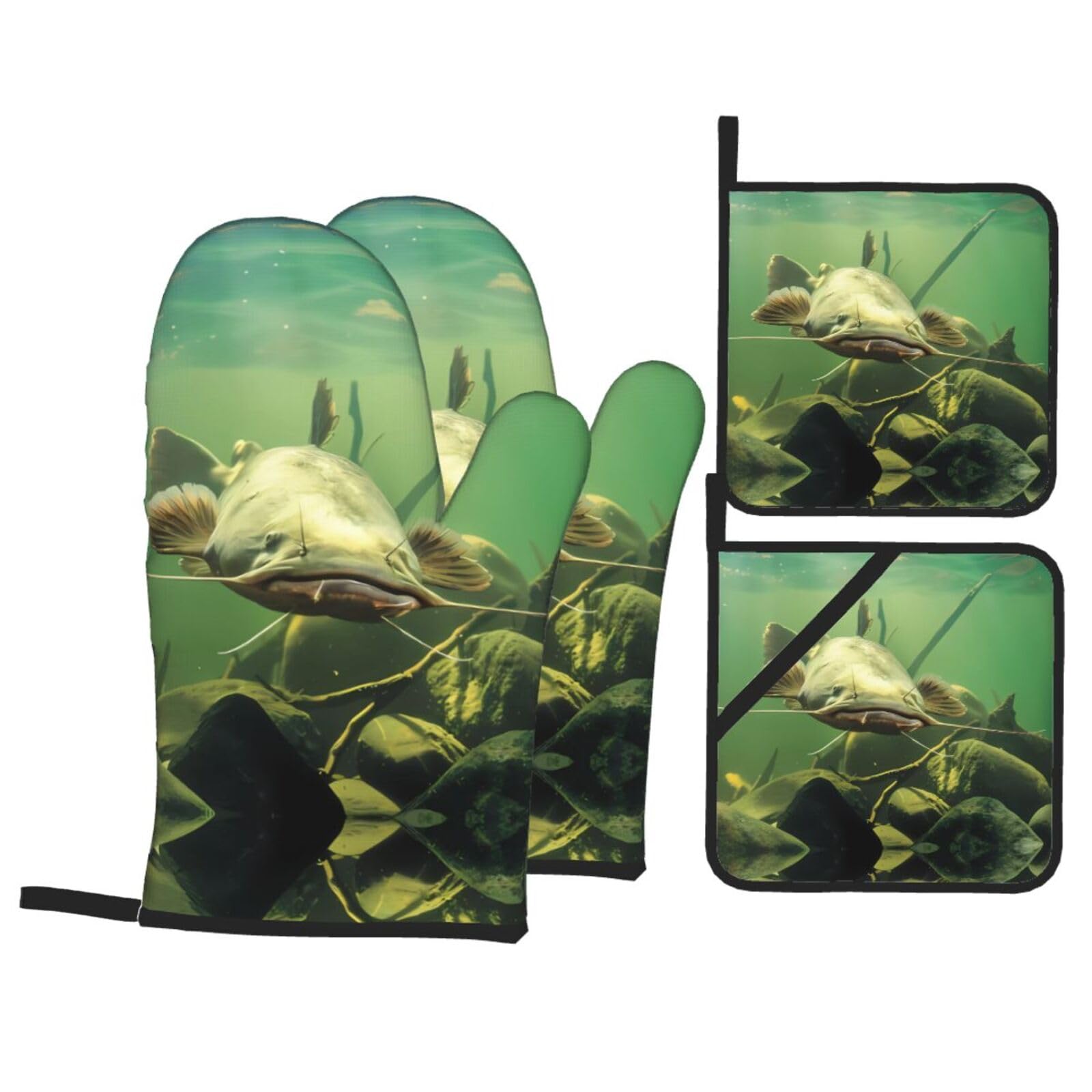 WHJSSF Underwater catfish Prints 4-Piece Waterproof Oven Throws & Heat Resistant Pot Covers – Durable Kitchen Layers for Grilling & Baking