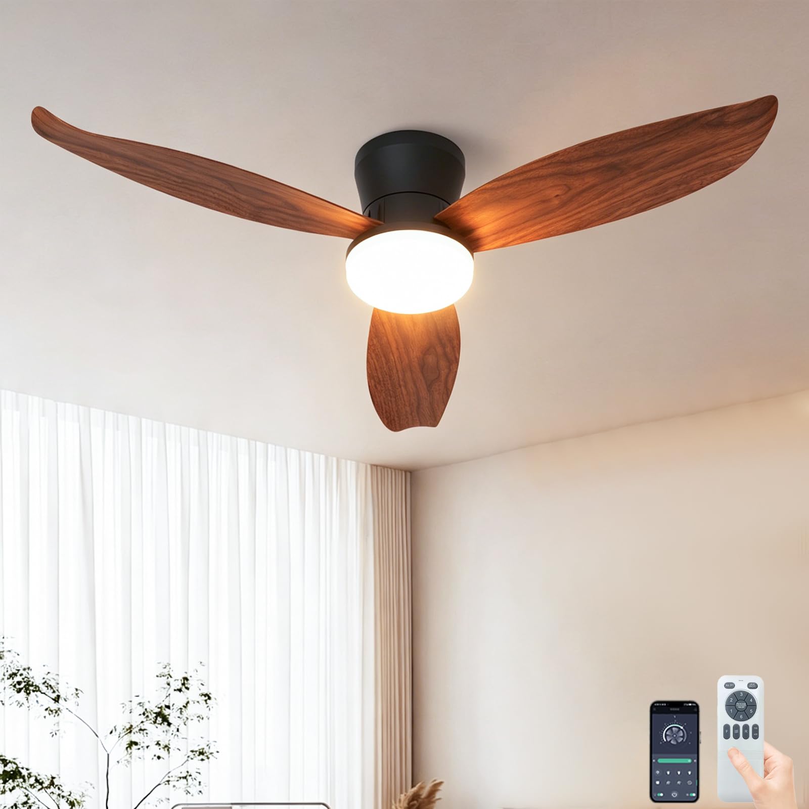 Fachae Imitation Wood Fan Light Ceiling for Bedroom Living Room Kitchen 42in,48W LED Dimmable Fan Lamp with Remote & APP,3000K-6000K,6 Speeds & Timers,Detachable Compact Ceiling Fan Light with Remote