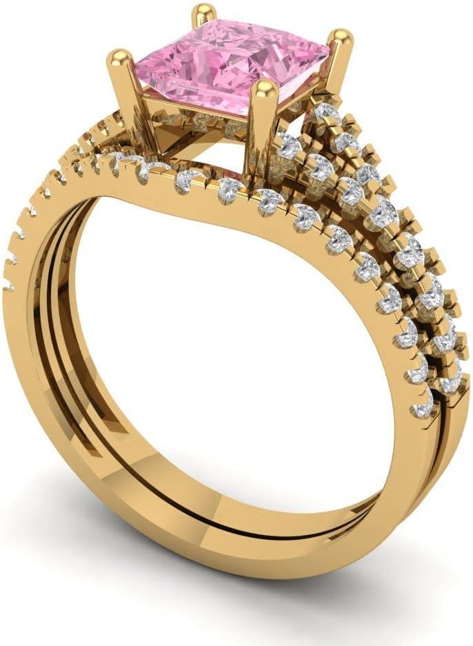 Clara Pucci 2.11ct Princess Cut Solitaire Pink Simulated Diamond Designer Art Deco Statement Wedding Curved Ring Band Set 18K Yellow Gold