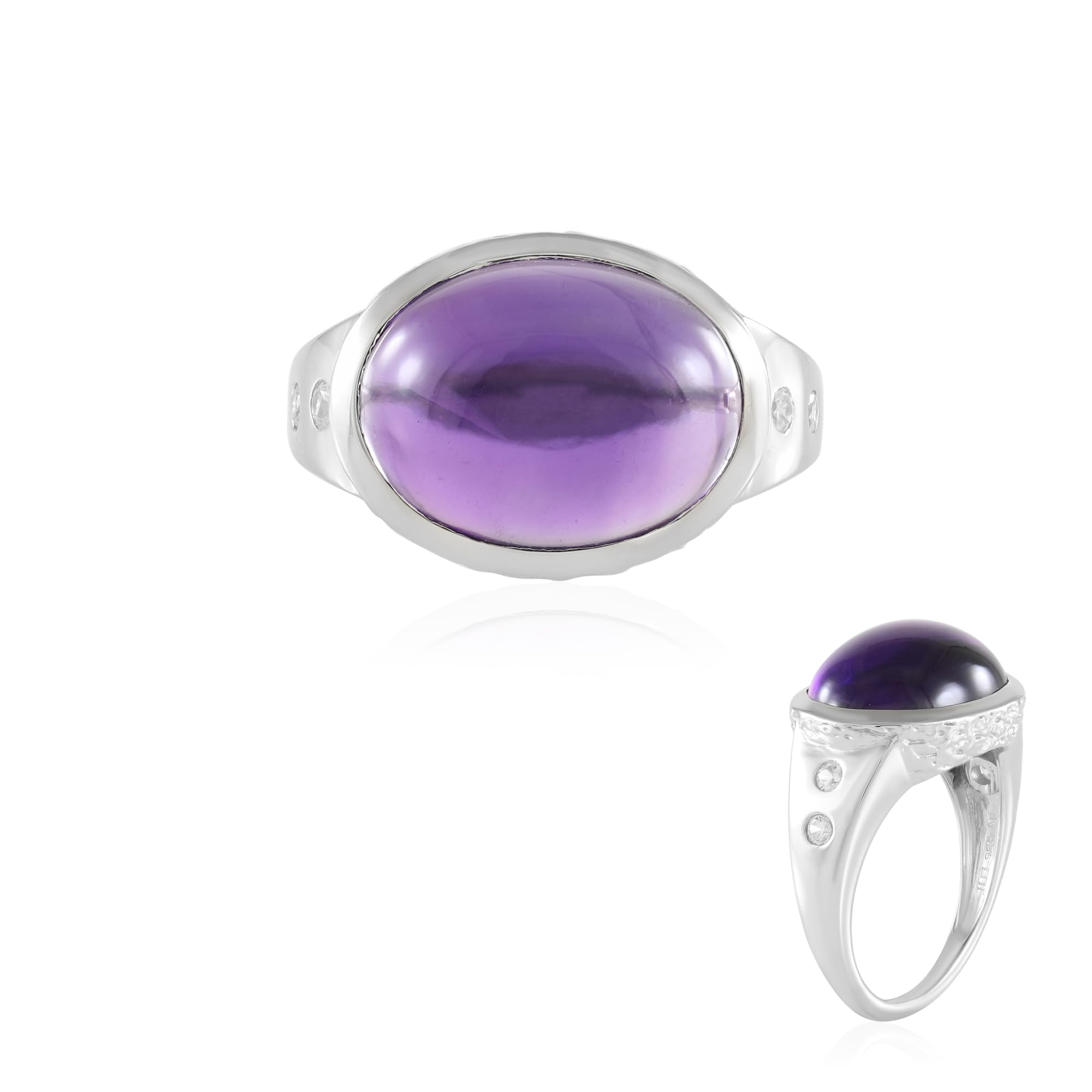 Cavill Sambia Amethyst Ring Silber 925 Sterlingsilber Platinierter 8,758 ct Ovaler Cabochon 16x12 mm mit 4 Kambodscha Zirkone Rundschliff Silberring mit Amethyst Schmuck