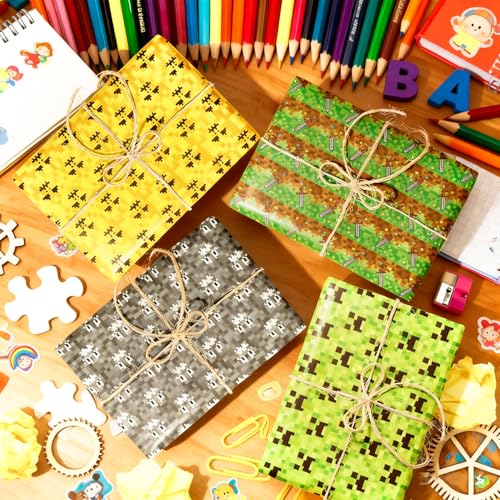 Unvtap Geschenkpapier 12 Blatt Miner Gamer Geschenkpapier 68cm x 51cm Pixel Packpapier, Gift Wrapping Paper für Happy Birthday Party, Einschulung, Geburtstag Deko (6 Stile)