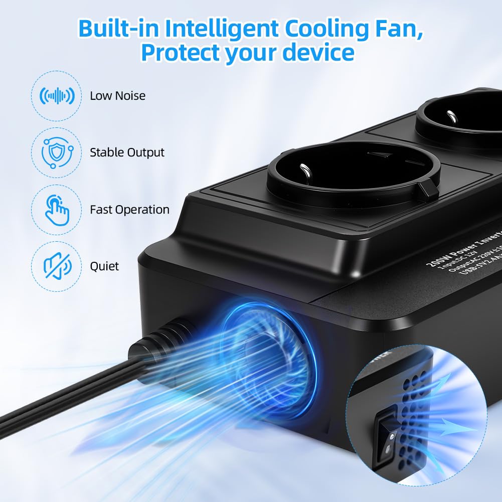 URAQT Convertisseur 12V CC à 230V CA 200W, Prise Allume Cigare Transformateur de Tension avec 2 Prises AC EU et 4 Ports USB, Écran LCD Numérique Chargeur Voiture Camping Car avec Multi-Protections - 5