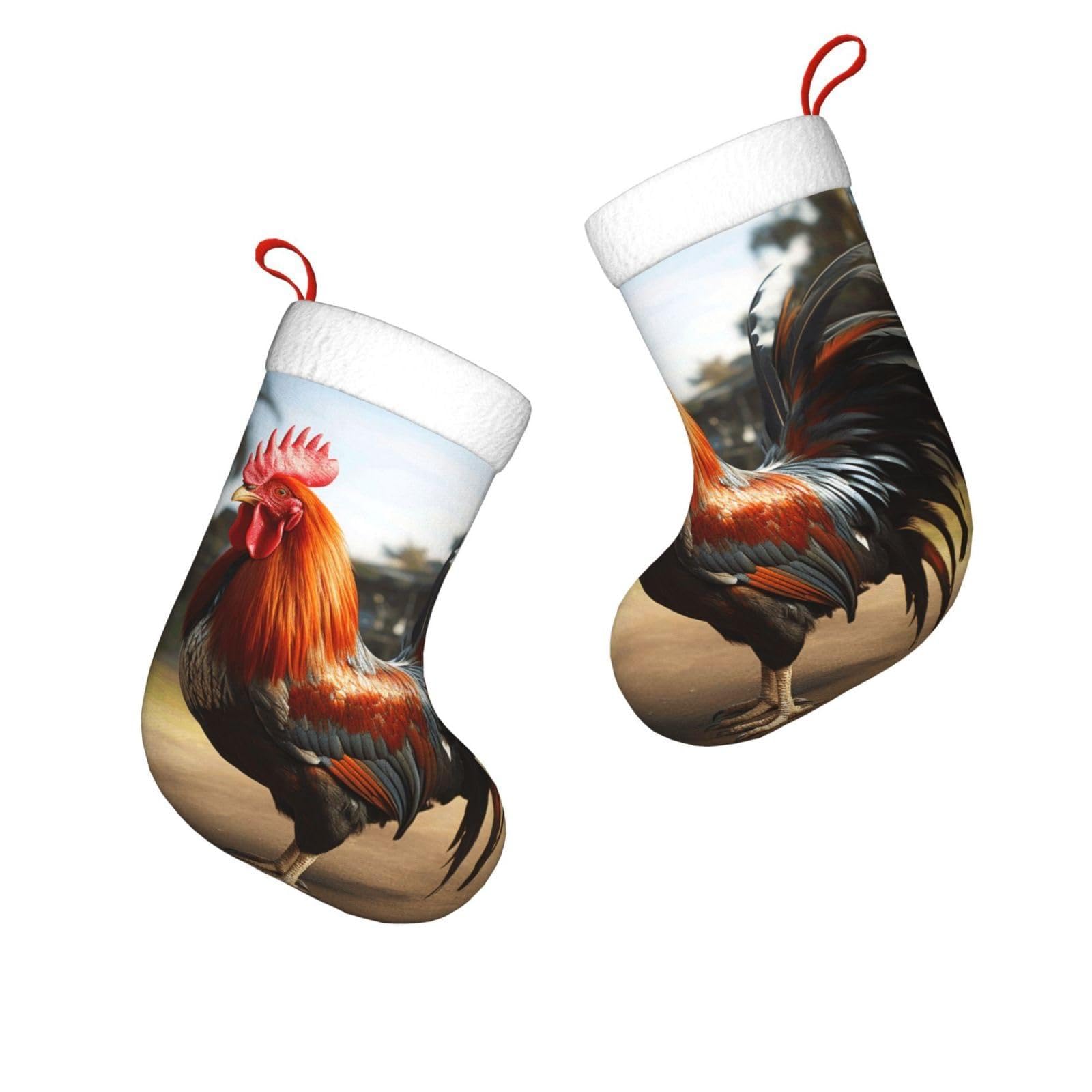 FodPand 17.7" Christmas Stocking 1 Piece, Proud Rooster Xmas Stockings with White Plush Cuff Fireplace Hanging Stocking for Christmas Holiday Party Decoration
