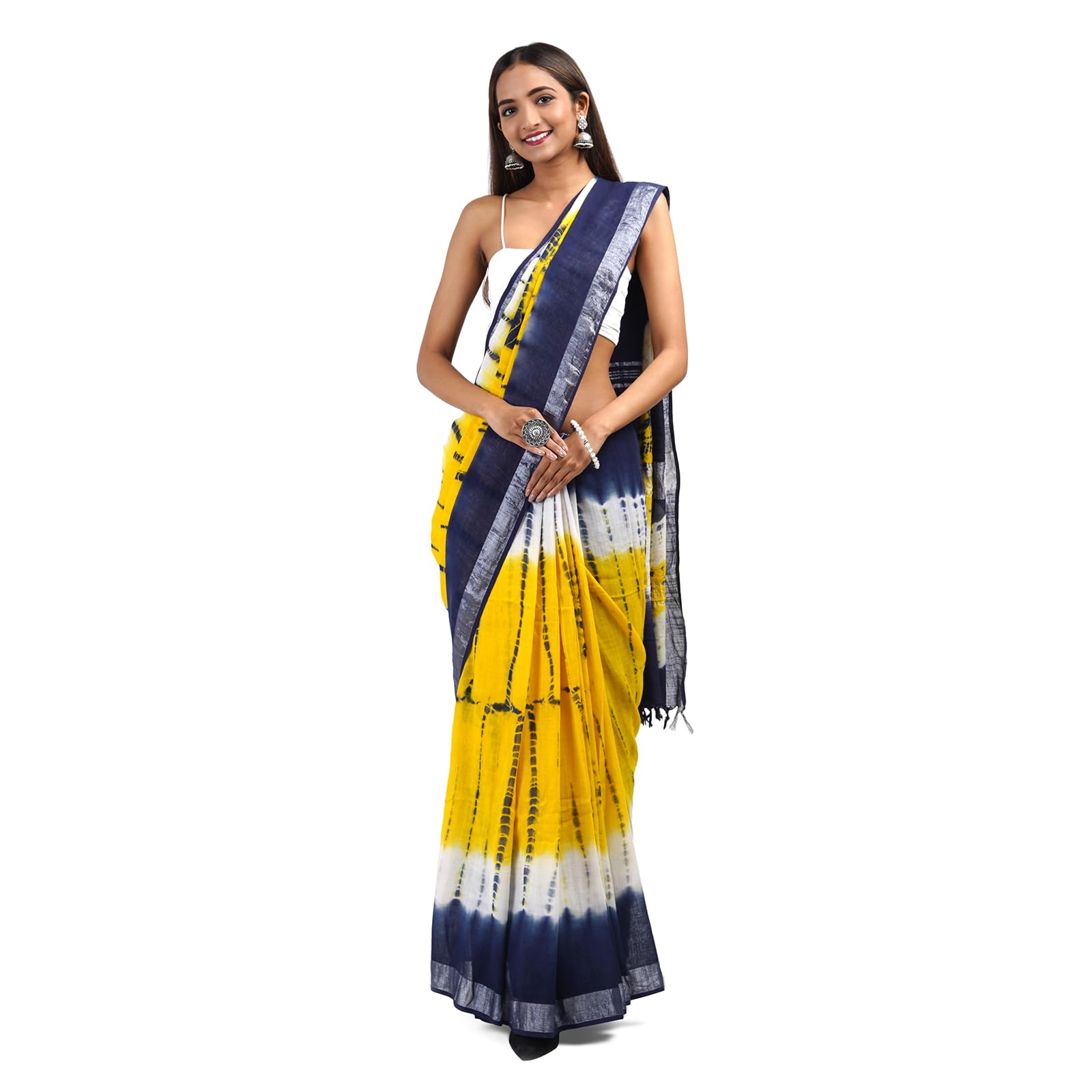 teejh Suneheri Blue and Yellow Tie and Dye Linen Cotton Saree With Blouse Piece-picture-0