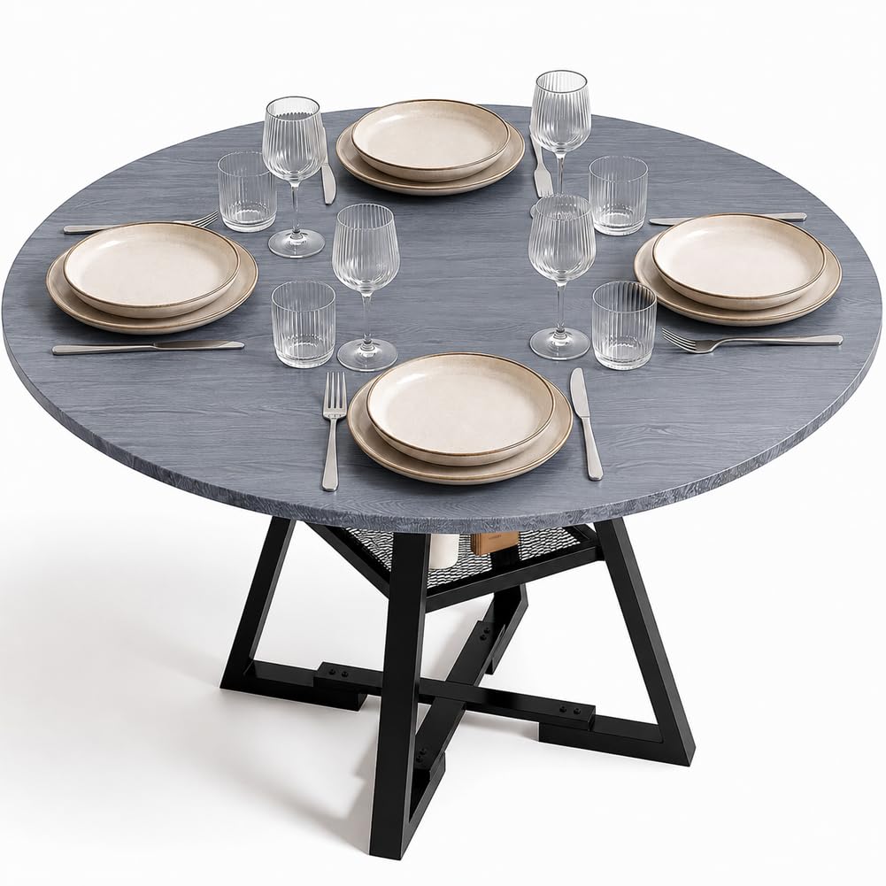 Shally Dogan Tavolo Rotondo per Sala da Pranzo e Cucina Diametro 120cm, Gambe in Metallo con Ripiano Portaoggetti Inferiore e Piano in Legno, Ideale per Casa e Ufficio, Grigio