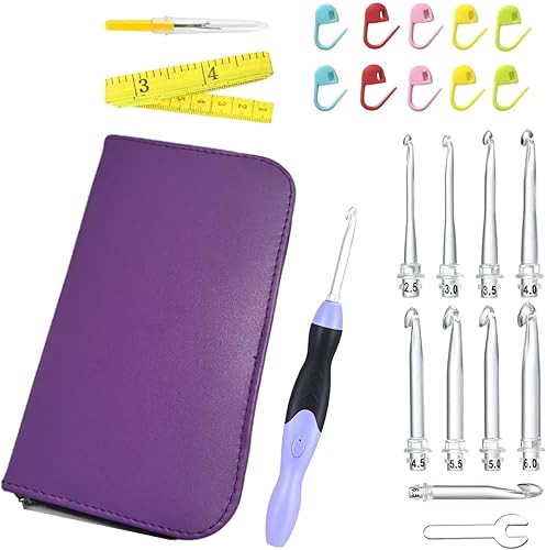 Juego de ganchos de ganchillo de conteo digital, ganchos de ganchillo ergonómicos con luz LED y contador de puntadas digital, kit de tejido para