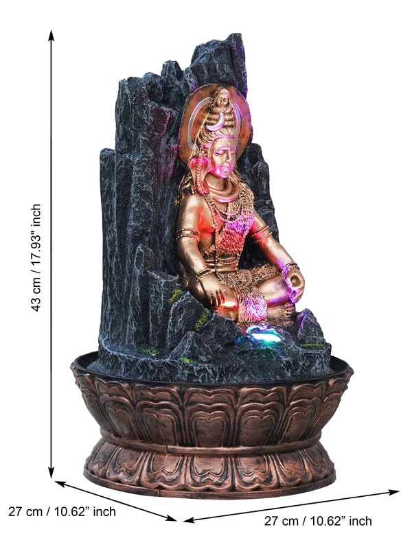 Image of Golden and Grey Polyresin Tabletop Lord Shiva Rock Finish Indoor Waterfall Fountain for Home Decor with Multicolour LED & Speed Control Pump (Size: 27 x 27 x 43CM | Weight: 2060Gram)