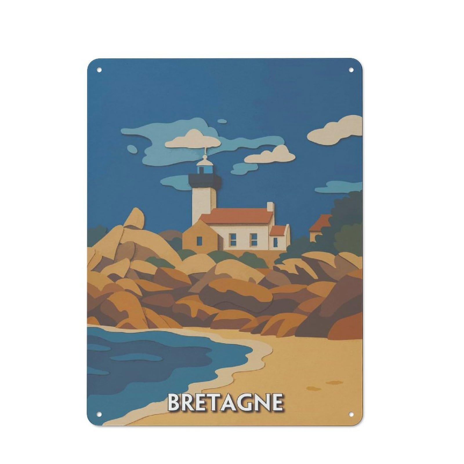 Junmoney Style-17 Tin Sign 40X30cm With Bretagne Coastal Lighthouse Illustration For Garage Wall, Rustic Decor, For Kitchen, Dining Room And Home Bar Wall Decor