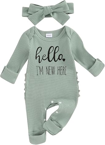 BULINGNA Newborn Baby Girl Coming Home Outfit Hello Im New Here Ribbed Footie Romper Jumpsuit with Headband Fall Clothes