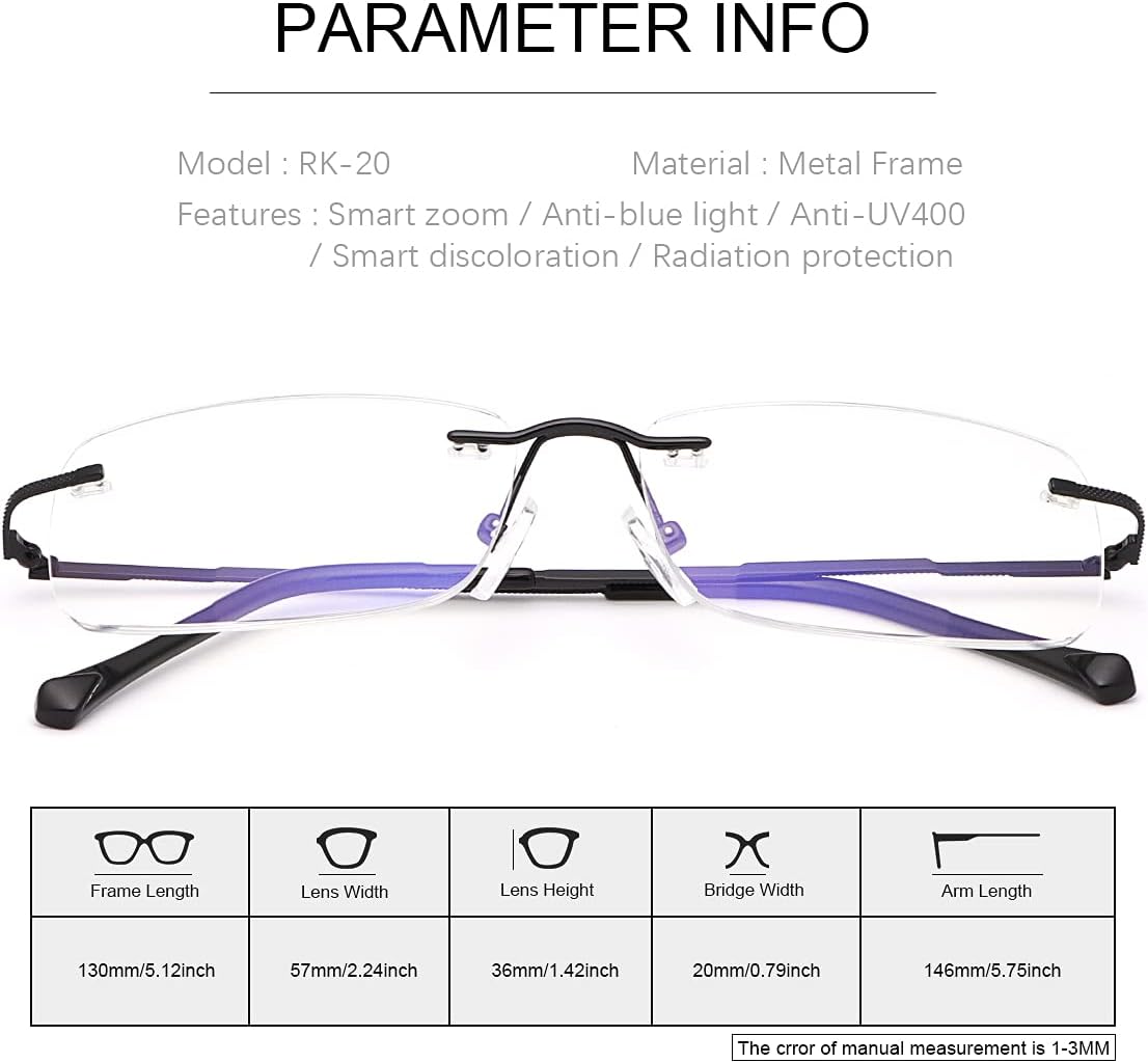 Rimless Bifocal Reading Glasses Transition Photochromic UV400 Protection Sun Readers Titanium Eyewear for Men