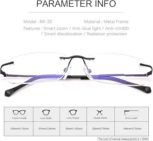 Miniatura 7 de Anteojos de lectura bifocales sin montura de transición, fotocromáticos, protección UV400, lentes de titanio para hombres
