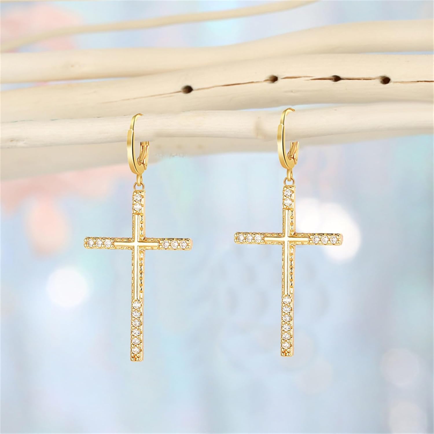 coadipress 14K Gold Plated Drop Dangle Cross Hoop Earrings for Women Men Trendy Gold Cross Earrings Simple Cute Ankh Cross Hoop Earring Dainty CZ Huggie Dangling Diamond Cross Earrings Fashion Jewelry - Image 6