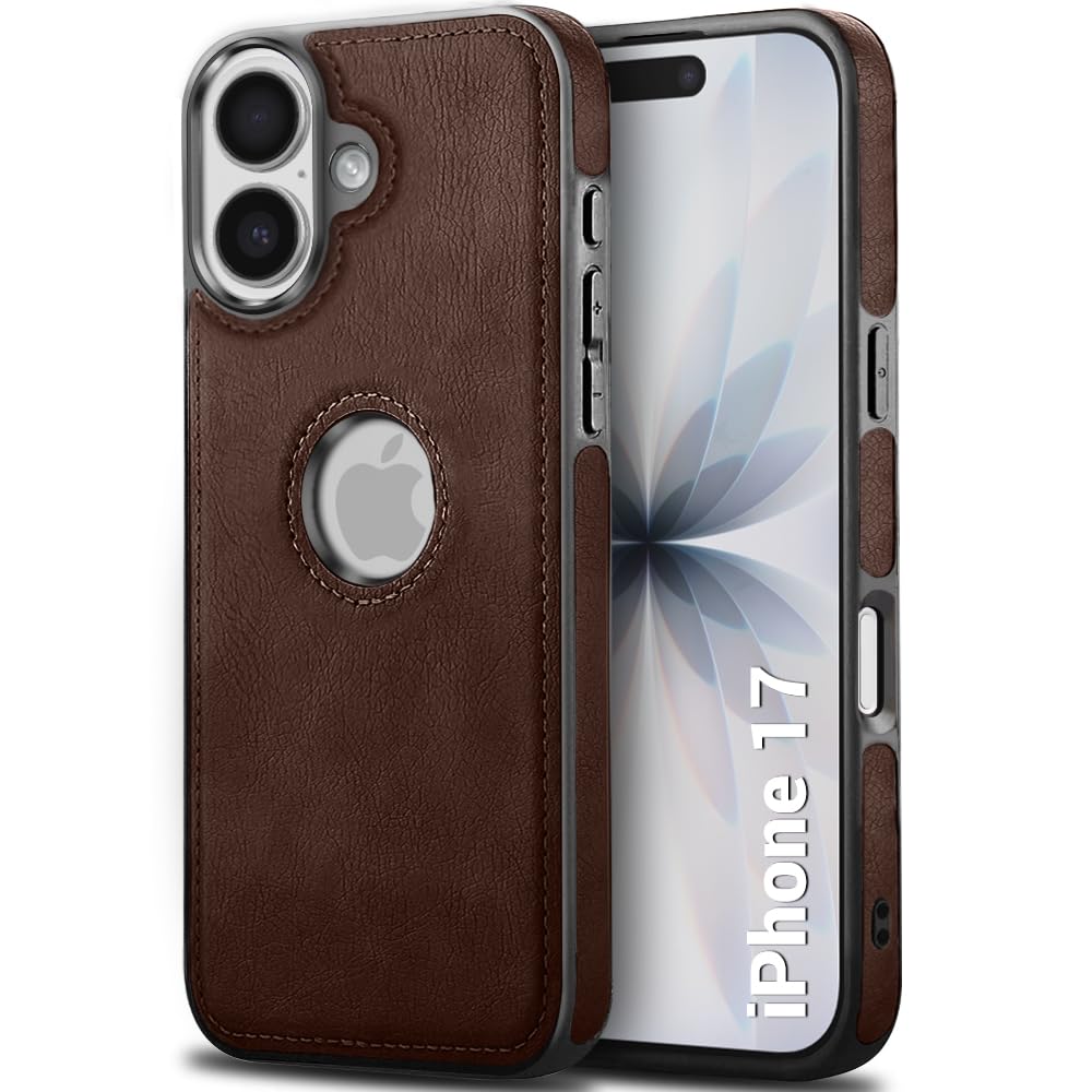 TheGiftKart Genuine Leather Finish Back Cover Case for iPhone 17 | Shockproof Design | Raised Edges for Camera & Screen Protection | Stunning Minimalist Design Back Case Cover (Chrome Sides, Brown)