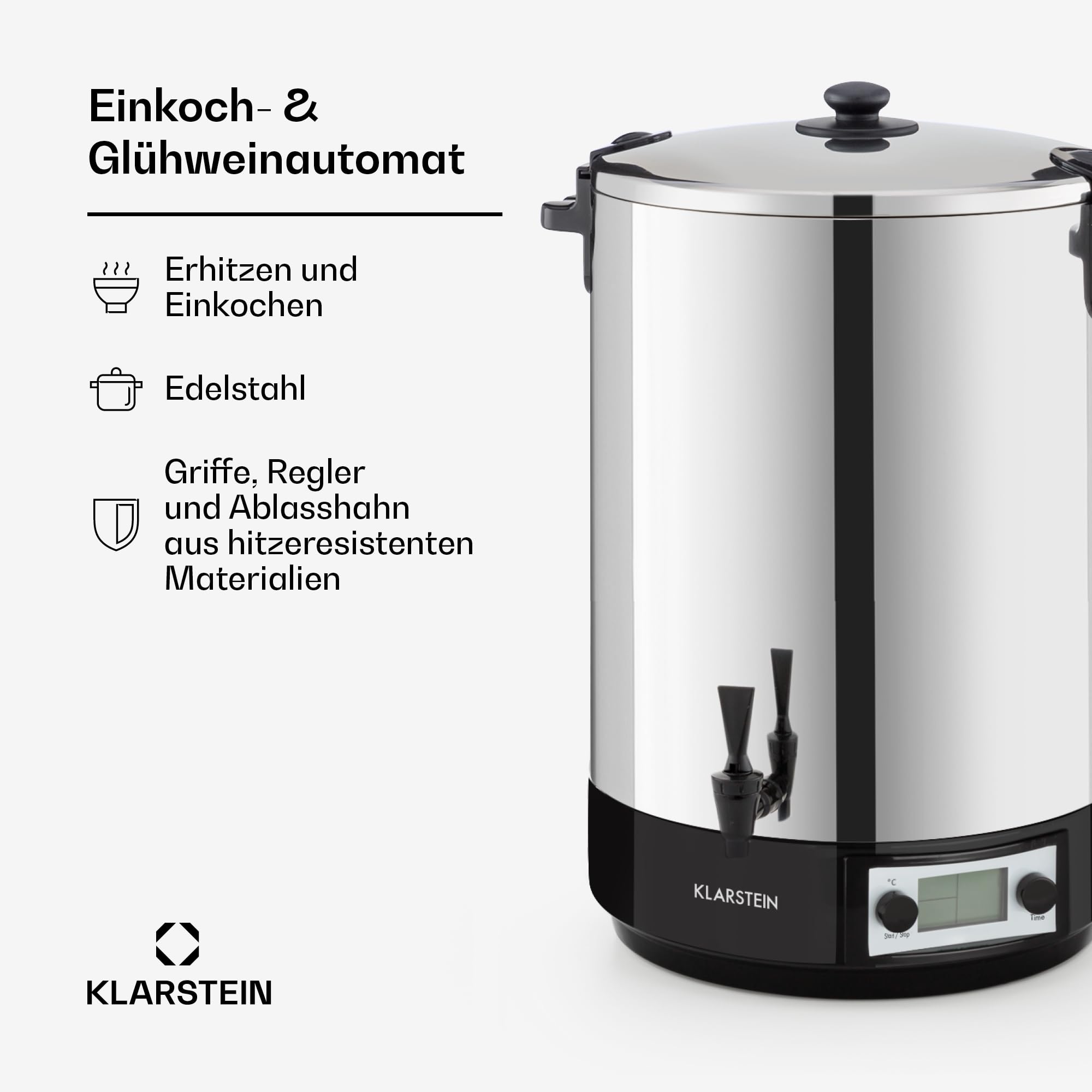 Klarstein KonfiStar 40 Digital Einkochautomat Einkochtopf Einkocher Heißgetränkespender, 40 Liter, 2500 Watt, 30-100 °C, Timer, Warmhalte-Funktion, Deckel mit Verschluss, Edelstahl poliert