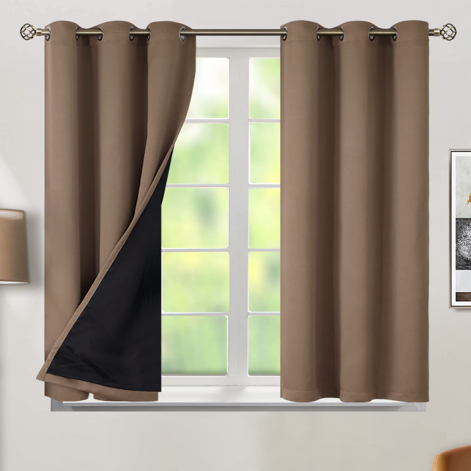 BGment Thermal Insulated 100% Blackout Curtains for Bedroom with Black Liner, Double Layer Full Room Darkening Noise Reducing Grommet Curtain (42 x 45 Inch, Taupe, 2 Panels)